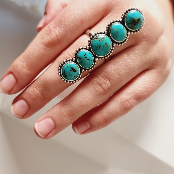Long Turquoise Solid Sterling Silver Adjuatable Ring - Picture 4 of 4